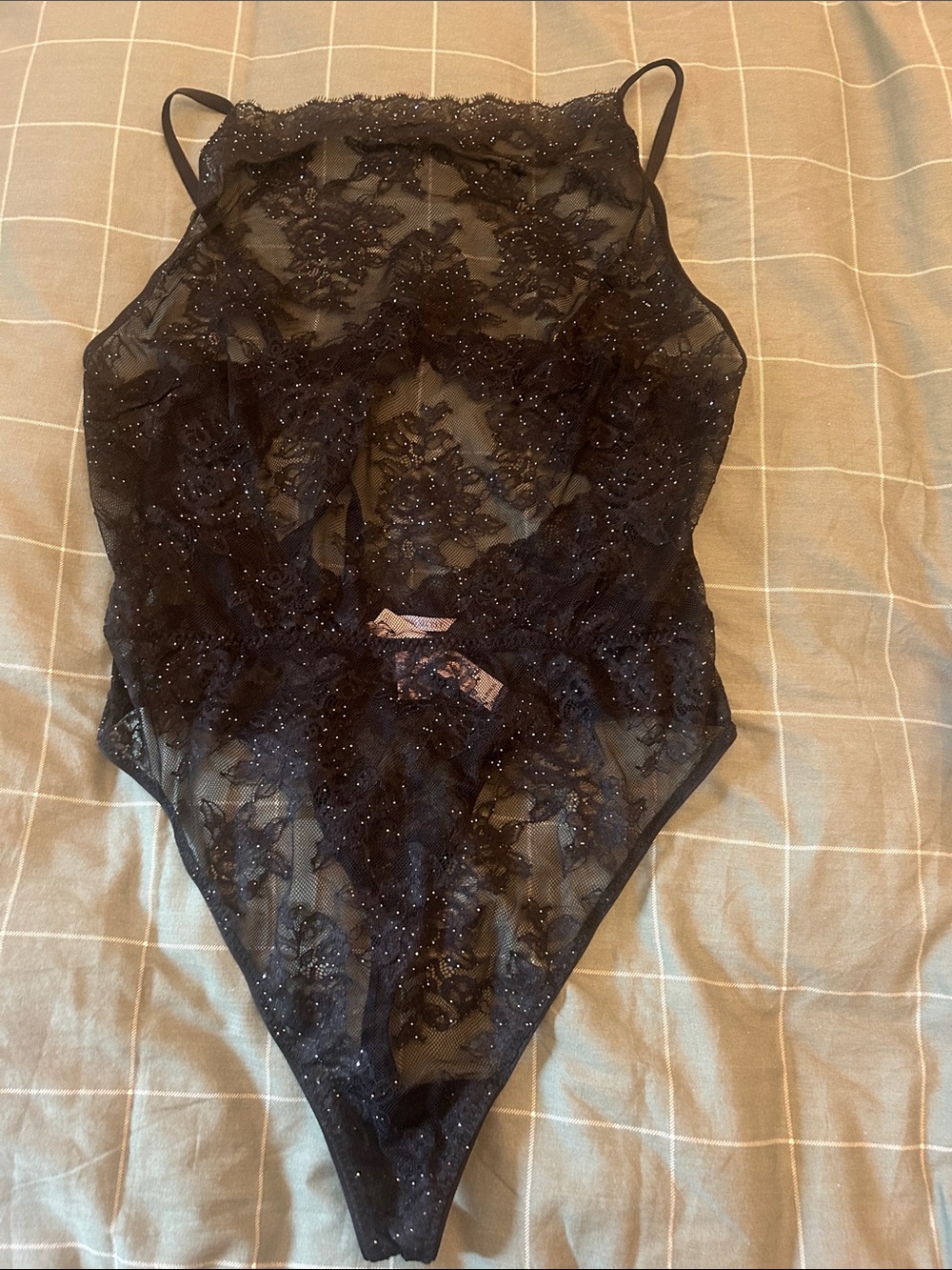 NWT Black Sexy Victoria Secret Sparkle Lace bodysuit Thong XXL $90